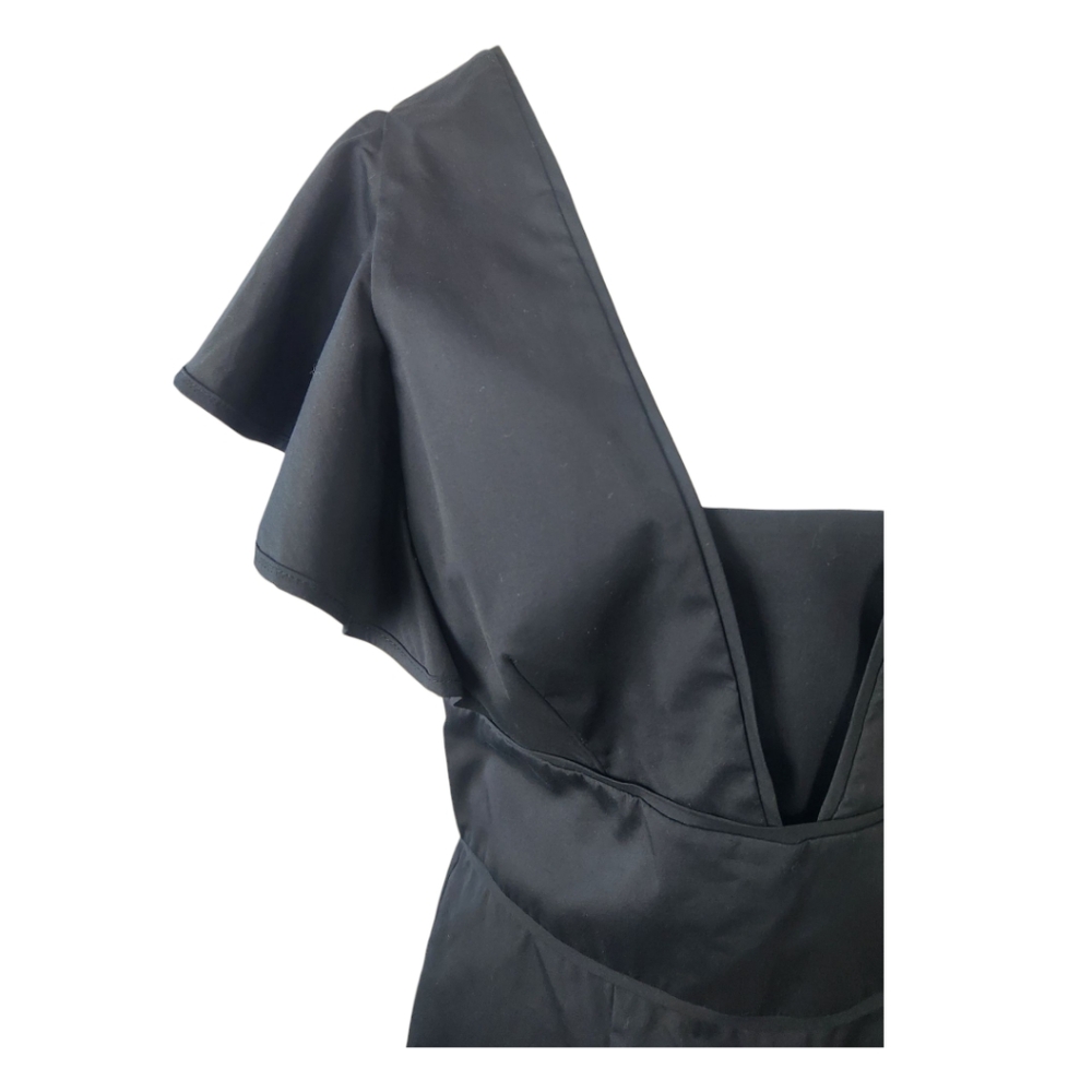 MILLY Deni Mini Dress 10 Black Poplin Flutter Sleeve Plunge Neckline Party - Picture 3 of 11